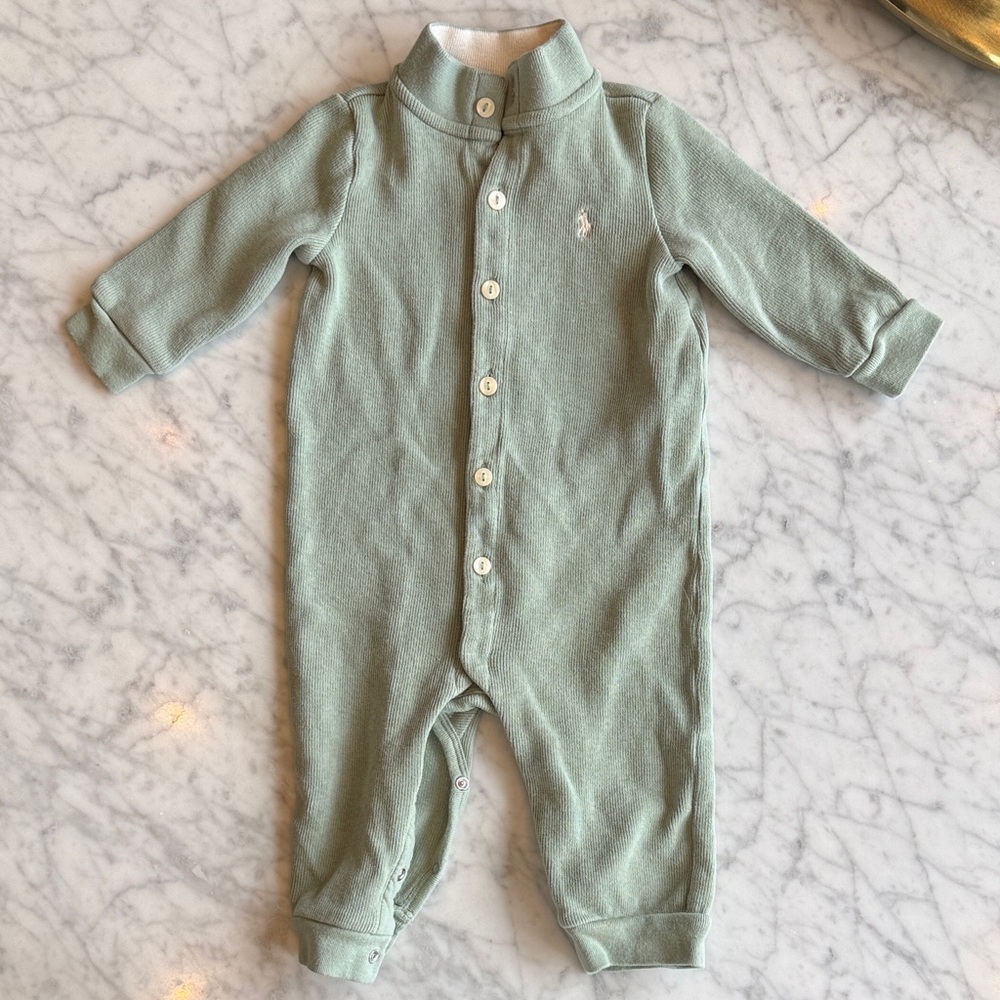 Ralph Lauren Sage Green button Front Baby One-Piece